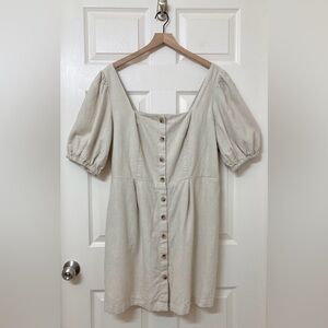 Old Navy Beige Linen Square Neck Puff Sleeve Mini Dress 2X Milkmaid Prairiecore